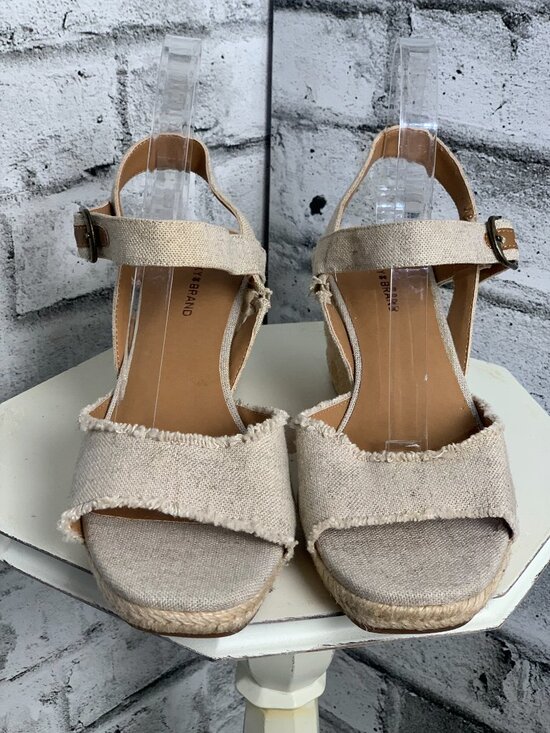 Lucky Brand Espadrille Wedge Sandals 9 Oatmeal Canvas Ankle Strap Open Toe Boho - Picture 2 of 12